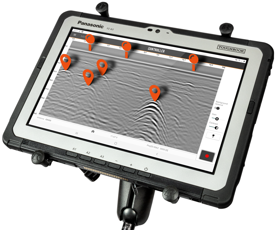 Ground penetrating radar controller and tablet used for subsurface scanning.
